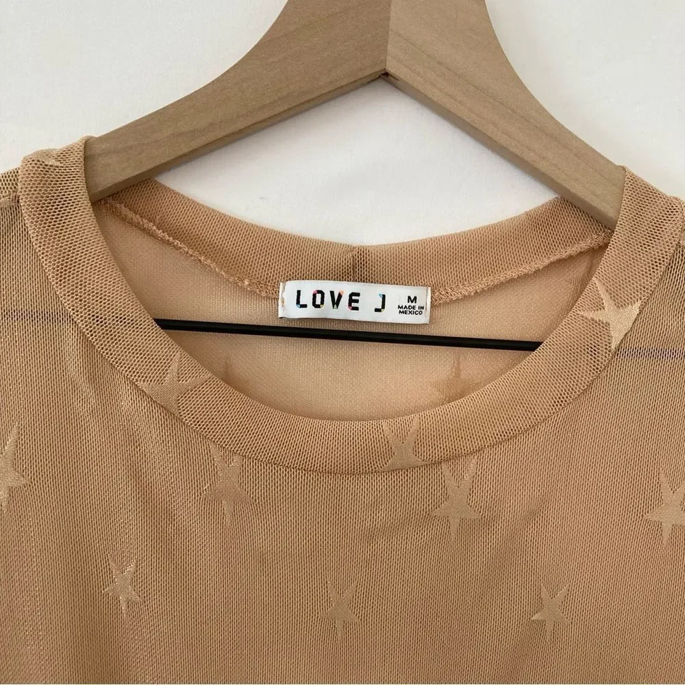 Love J Mesh Cropped Top Tan Star Pattern Medium Knot Front